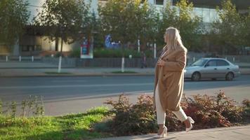 mooi bedrijf vrouw wandelingen in de herfst stad park Aan een helder zonnig dag. aantrekkelijk blond in een bruin jas wandelingen langs de hoofd straat van de stad. langzaam beweging.