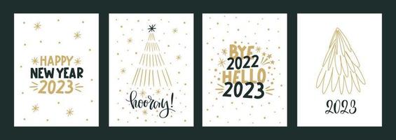 feliz navidad y feliz año nuevo conjunto de tarjetas de felicitación, carteles con varios árboles copos de nieve. diseño de navidad con letras, árbol, cristal, copos de nieve en estilo de arte moderno.dibujado a mano de moda vector