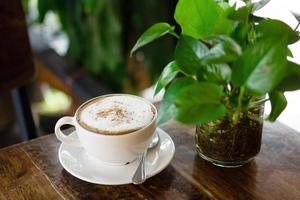 Cup of hot cappuccino and glass vase with green plant on wooden table in cafe. photo