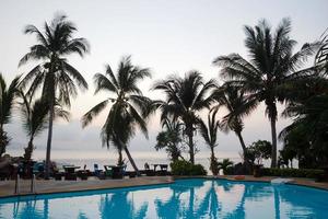 Empty swimming pool with coconut palm trees on a background of sea on sunset. photo