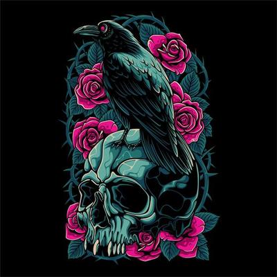 colorful A skull with a crow perched on it on a rose background for t shirt design