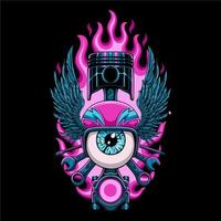 colorful Eyeball wearing helmet with wrench, assorted workshop keys and pistons on fire background for t shirt design vector