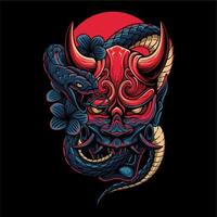 colorea la máscara de los demonios con una serpiente envuelta alrededor de ella en un fondo circular para el diseño de camisetas vector