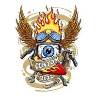 Colorful Custom motorcycle spare parts with one eye wearing a helmet with wings and fire on it for t shirt design vector
