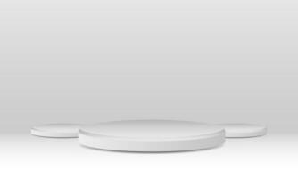 pedestal podium mockup. Abstract white 3D vector room with realistic white cylinder pedestal podium set. Minimal scene for product display presentation. Vector geometric platform. Stage for showcase.