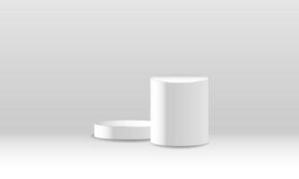 pedestal podium mockup. Abstract white 3D vector room with realistic white cylinder pedestal podium set. Minimal scene for product display presentation. Vector geometric platform. Stage for showcase.