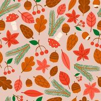 Hand Drawn Autumn Nature Elements Seamless Pattern. Fall Leaves, Mushrooms, Branches, Cones, Acorns vector