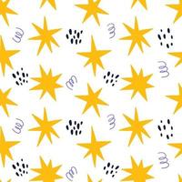 Simple Seamless Pattern with Yellow Stars, Swirls and Spots on White Background. Perfect for Wrapping Paper and Children Textile vector