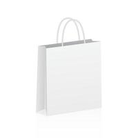 bolsa de compras de papel vacía aislada sobre fondo blanco. plantilla 3d realista para tiendas, mercados, marcas y publicidad. maqueta para paquete. Ilustración de vector de embalaje ecológico.