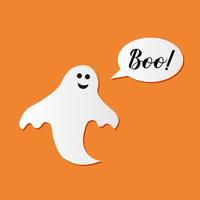 Boo hand lettering with cute cartoon ghost on orange background. Easy to edit vector template for Halloween greeting card, banner, typography poster, party invitation, t-shirt, etc.