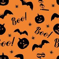 Halloween seamless pattern with cute cartoon pumpkins, bats and lettering Boo. Easy to edit vector template for greeting card, banner, poster, party invitation, fabric, textile, wrapping paper, etc
