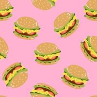 Seamless pattern with burger on pink background. Fast food, junk food pattern. American food.Vector background for fast food banner, textile, wrapping paper, package vector