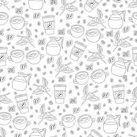 Seamless pattern with coffee beans, coffee cups and coffee pot. Collection of line coffee elements. Modern doodle background for packaging, textile, menus, print vector