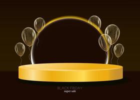 3d realistic golden podium. Scene with transparent balloons for product demonstration, discounts. shiny balls. Vector geometric black friday platform.