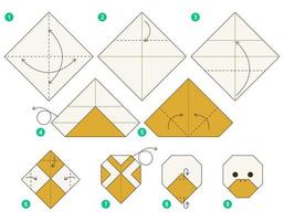 Duck origami scheme tutorial moving model. Origami for kids. Step by step how to make a cute origami duckling. Vector illustration.