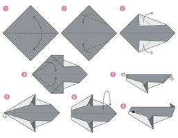 Killer whale origami scheme tutorial moving model. Origami for kids. Step by step how to make a cute origami killer whale. Vector illustration.