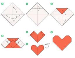 Heart origami scheme tutorial moving model. Origami for kids. Step by step how to make a cute origami heart. Vector illustration.