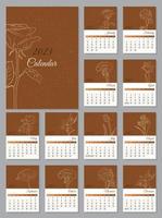 Abstract calendar for 2023 with various flowers in one color scheme. Vertical A4 calendar by months, week starts from Sunday. Calendar with places for notes.12 isolated month and cover. vector