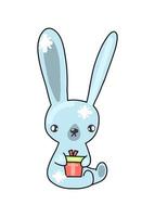 Vector illustration Cute Christmas Bunny with a New Year's gift. Blue hare drawn in a flat style.