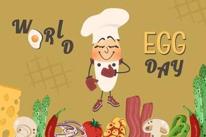 World egg day. Cute funny egg with cartoon comic vegetables, bacon, chees, mushrooms. Vector illustration with cartoon characters for poster, menu, cafe, restaurant, snack bar, card,  holiday banner