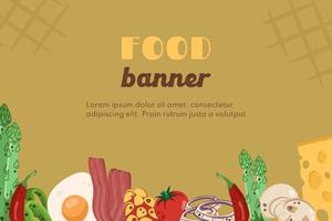 Horizontal background with different vegetables, egg, bacon, mushrooms for breakfast meals, dinner, snack. Hearty wholesome food. Vector illustration for restaurant menu, advertisement, banner