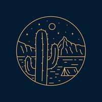 cactus desierto camping naturaleza aventura en la noche salvaje línea insignia parche pin ilustración gráfica arte vectorial diseño de camiseta vector