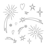 Shooting stars, stars, hearts, Christmas fireworks outline simple doodle vector illustration, hand drawn outline image for winter holidays greeting cards, invitations, banners, decor, stickers