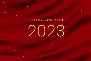 Diseño de fondo de feliz año nuevo 2023. textura de tela, cortina satinada brillante con ondas y cortinas. números de color dorado. decoración creativa navideña. tarjeta de felicitación, pancarta, póster. vector