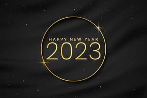 Diseño de fondo de feliz año nuevo 2023. textura de tela, cortina satinada brillante con ondas y cortinas. números de color dorado. decoración creativa navideña. tarjeta de felicitación, pancarta, póster. vector