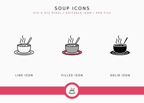 Soup icons set vector illustration with solid icon line style. Hot bowl concept. Editable stroke icon on isolated background for web design, user interface, and mobile application