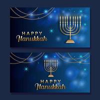 happy hanukkah in blue and gold color horizontal banner illustration set vector