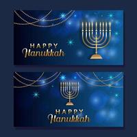 happy hanukkah in blue and gold color horizontal banner illustration set vector