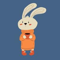 Cute bunny in a sweater and with a cup of hot drink. Mascot 2023.  Isolated flat vector illustration.