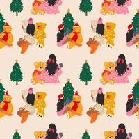 Seamless pattern with  Set of three Girls that are sits with a teddy bear wrapped in a garland near the Christmas tree. Vector in cartoon style.