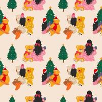 Seamless pattern with  Set of three Girls that are sits with a teddy bear wrapped in a garland near the Christmas tree. Vector in cartoon style.