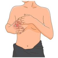 Woman performing monthly breast check for cancer, wearing bath towel. Breast self exam, vector illustration