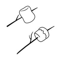 Hand drawn Marshmallow roasted on wooden stick. Vector sketch icon isolated on white. Icon for infographic, website or app.