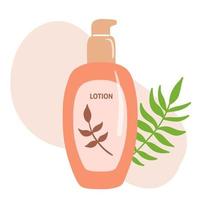 Skin care products illustration, body lotion, face toner and cream, liquid soap. Flat cosmetic object in tube with leaf vector