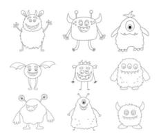 Set of cute monsters. Funny cool line monster, aliens or fantasy animals for childish coloring book. Hand drawn outline cartoon vector illustration isolated on white.