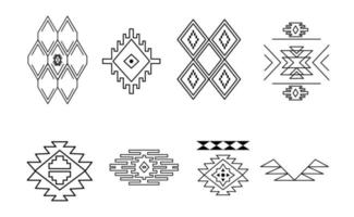 Decor elements of ethnic Indian tribe in outline style. Vector monochrome Navajo signs and patterns. Set of graphic geometric shapes of Aztecs isolated on white background