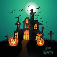 Halloween dark castle on a green moon and bats background vector