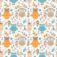 Seamless pattern with cute owl. Twig and flower. Background for sewing children clothes and printing on fabric. Packing paper. Cute doodle illustration. Autumn print. vector