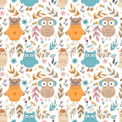 Seamless pattern with cute owl. Twig and flower. Background for sewing children clothes and printing on fabric. Packing paper. Cute doodle illustration. Autumn print.