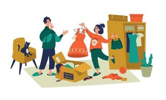 Delivery and fitting of clothes. Express delivery. Delivery box. The girl shows the guy a new dress. Happy family in the interior of the apartment. Vector image.