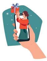 A Girl with a gift looks out of the phone. Online congratulations. The hand is holding a mobile phone. Vector illustration.