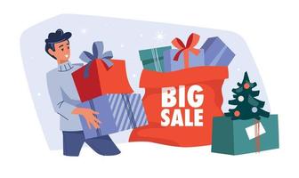 People with gifts. Man with a gift box and gift bag. Christmas sale. Preparing for Christmas. Vector image.