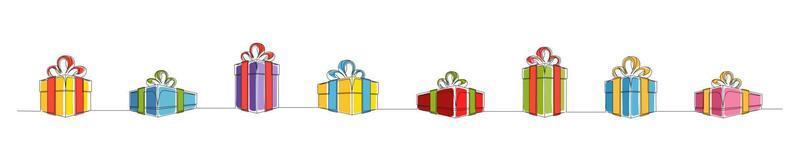 Set of continuous one line drawing of Christmas color gift boxes vector