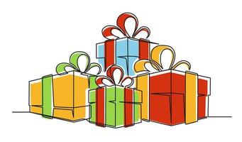 Set of continuous one line drawing of Christmas color gift boxes vector