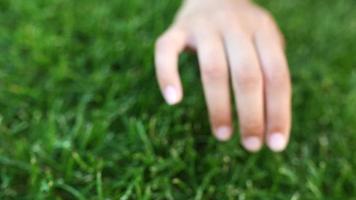 femme assise à l'extérieur avec un ordinateur portable touchant les mains à l'herbe verte video