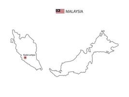 dibujar a mano el vector de línea negra delgada del mapa de malasia con la ciudad capital kuala lumpur sobre fondo blanco.